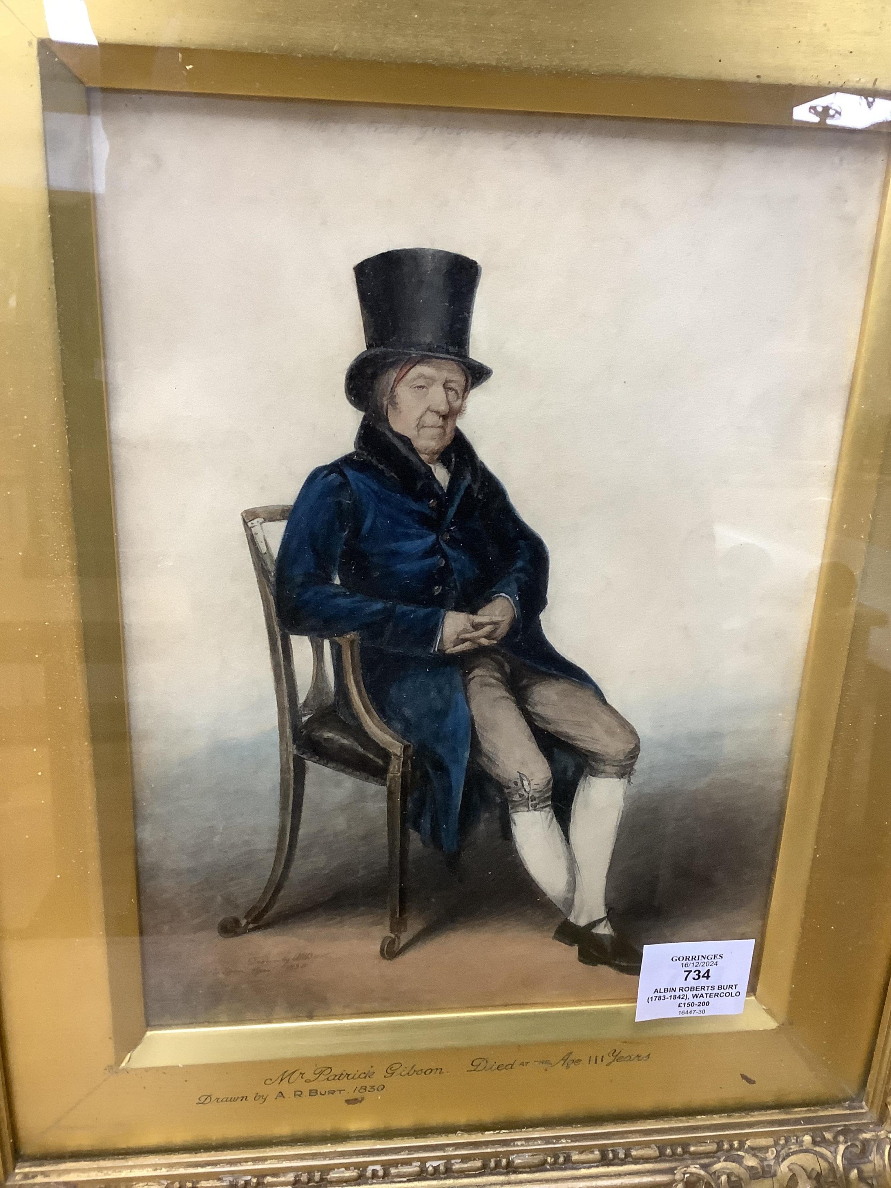 Albin Roberts Burt (1783-1842), watercolour, ‘Portrait of Mr Patrick Gibson, died at the age of 111’, signed and dated April 1830, 28 x 21cm, ornate gilt framed. Condition - fair